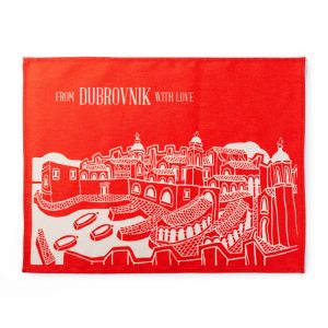 red kitchen towel, 100% cotton, dyed cotton, dubrovnik motif