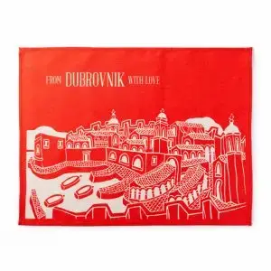 red kitchen towel, 100% cotton, dyed cotton, dubrovnik motif