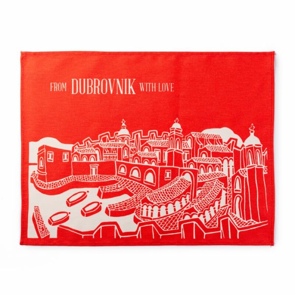 red kitchen towel, 100% cotton, dyed cotton, dubrovnik motif
