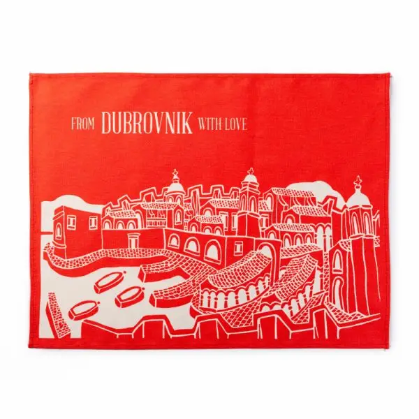red kitchen towel, 100% cotton, dyed cotton, dubrovnik motif