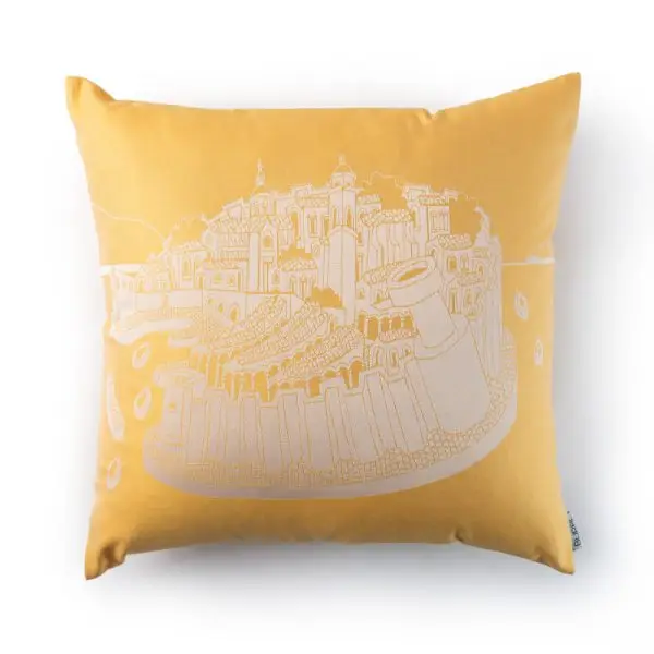 yellow pillow case, 100% cotton, wavan fabric, Dubrovnik motif