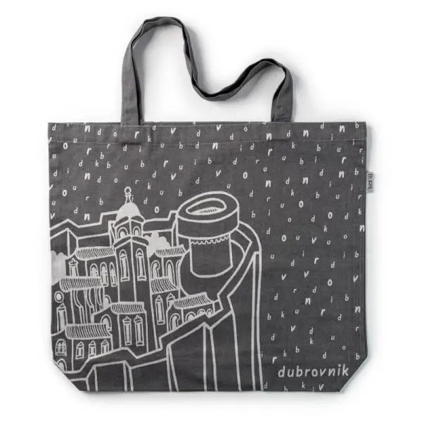 Black cotton tote bag from Bural with Walls design, designed in Dubrovnik, waven cotton, 100% cotton, medium size